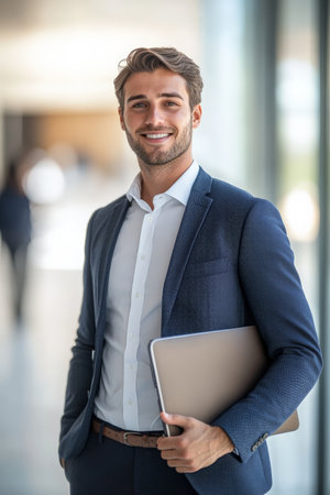 Young adult Caucasian sales agent in formal attire, holding a laptop and smiling subtly, modern technological background.の素材