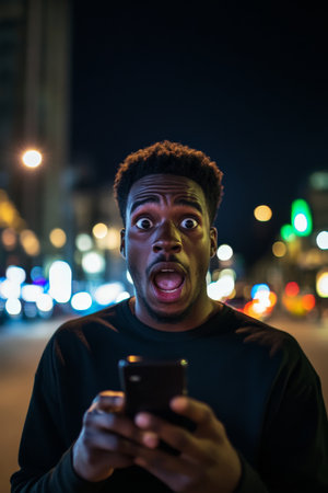 Young adult African American man in shock looking at his phone, urban street at night background.の素材