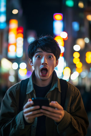 Young adult Japanese man in shock staring at his phone, bright city lights and street background.の素材
