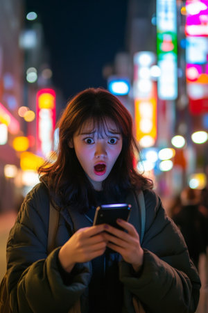 Young adult Japanese woman in shock staring at her phone, bright city lights and street background.の素材