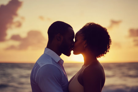 Young adult Black couple kissing each other, joyful expression of love, sunset background on the beach.の素材