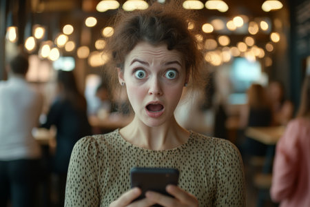 Young adult Caucasian woman in shock staring at her phone, wide-eyed, in a busy cafÃÂ© background.の素材