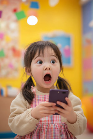 Preschooler Japanese girl in shock holding her phone, playful daycare setting, wide open mouth in surprise.の素材