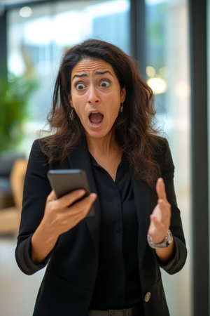Middle-aged Hispanic woman in shock looking at her phone, modern office environment, shocked by news.の素材
