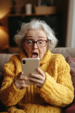 Senior Caucasian woman in shock, holding her phone with a surprised expression, in a cozy living room.の素材