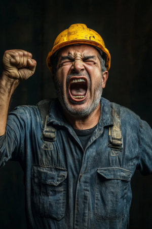 Middle-aged Brazilian worker in work clothes, yelling with fist raised, determination and anger in his expression.の素材