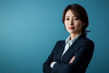 Middle-aged Japanese female lawyer, in a sharp suit, standing confidently against a blue background.の素材