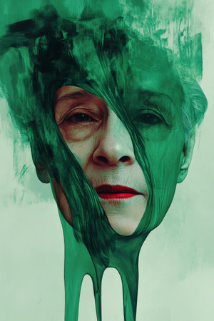 Surreal minimalist illustration of a senior Hispanic woman face melting slowly into a translucent drop of emerald green. The drop transforms her expression as it flows.の素材