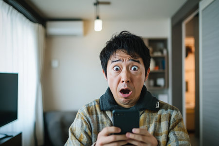 Middle-aged Japanese man in shock staring at his phone, surprised expression in a minimalist apartment.の素材