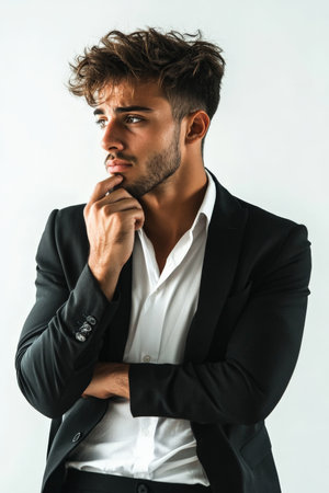 Reflective young adult Brazilian man in a semi-formal outfit, lost in thought on a white studio background.の素材