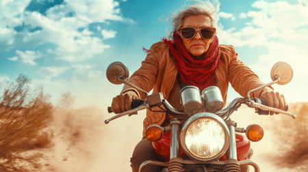 Senior Hispanic woman braving a desert sandstorm on a motorcycle, scattered bushes whipping in the wind.の素材