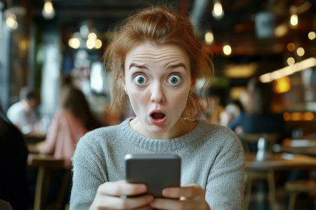 Young adult Caucasian woman in shock staring at her phone, wide-eyed, in a busy cafÃÂ© background.の素材