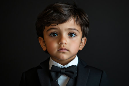 Reflective preschooler Arabian boy, dressed semi-formally, captured on a black studio background with a doubtful look.の素材