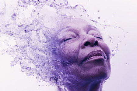 Surreal minimalist depiction of a senior African American woman face melting under a translucent lavender drop, her features becoming fluid and abstract.の素材