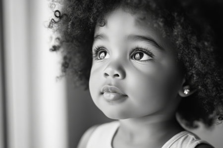 Black and white portrait of a toddler Black girl with curly hair, bright eyes, and clear skin, gazing innocently in natural daylight.の素材