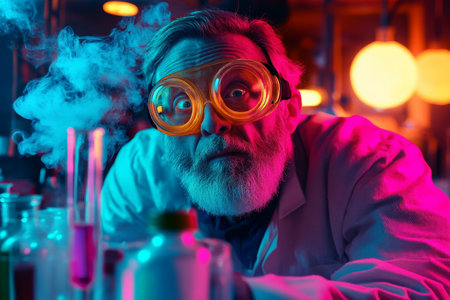 A senior Caucasian male scientist with a mischievous look, wearing large goggles, standing next to a smoking test tube in an eccentric lab, filled with colorful lights and bizarre contraptions.の素材