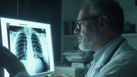 Middle-aged Brazilian doctor concentrating on a patientÃ¢â¬â¢s X-ray on a lightbox, medical charts in the background.の素材