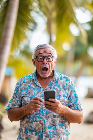 Senior Brazilian man in shock holding his phone, wide-eyed in a tropical beachside setting.の素材