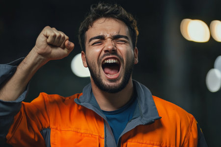 Young adult Brazilian worker in work clothes, shouting with raised fist, determination glowing in his eyes.の素材