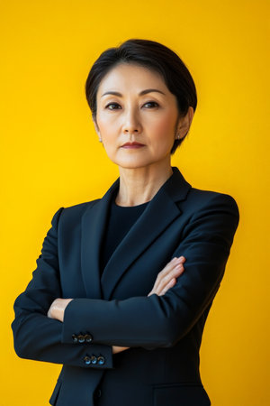 A resolute middle-aged Japanese woman in a smart suit, arms crossed with an assertive look against a vibrant yellow background, showing her leadership qualities.の素材