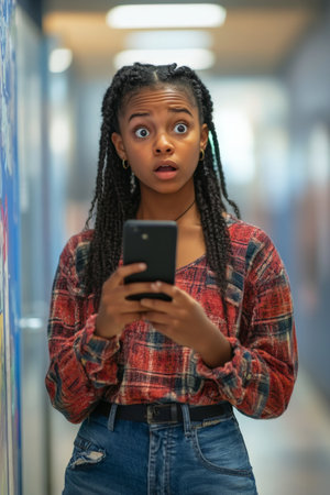 Teenager Black girl in shock holding her phone, dramatic reaction in a school hallway background.の素材