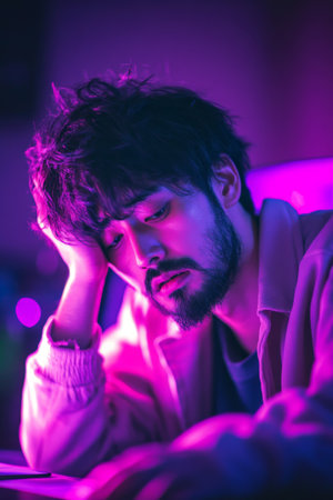 Young adult Japanese man with a beard, clutching his head at a desk, anxious expression in dark purple lighting.の素材