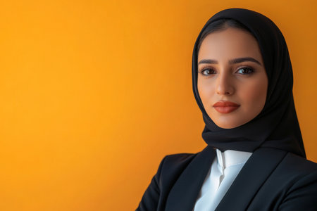 Young adult Arabian female lawyer, dressed in formal attire, standing confidently with a serious expression against an orange background.の素材
