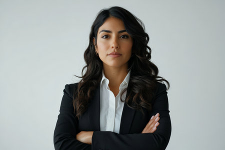Young adult Hispanic female lawyer, dressed formally, standing with a serious expression against a white background.の素材