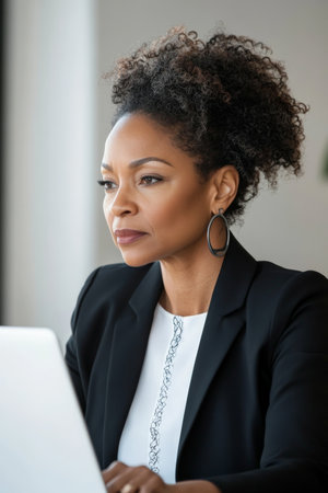 A middle-aged African American female lawyer, focused during a legal video call in a contemporary office, equipped with the latest technology, showing professionalism.の素材