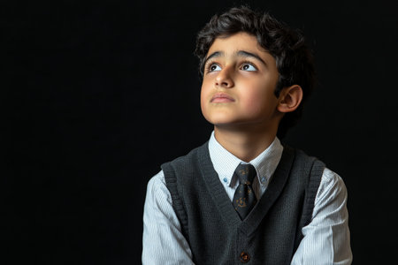 Thoughtful school-age Arabian boy, dressed in semi-formal clothing, sitting with a doubtful expression on a black studio background.の素材