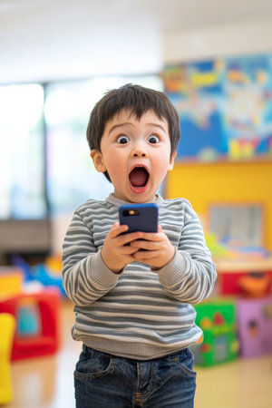 Preschooler Japanese boy in shock holding his phone, playful daycare setting, wide open mouth in surprise.の素材