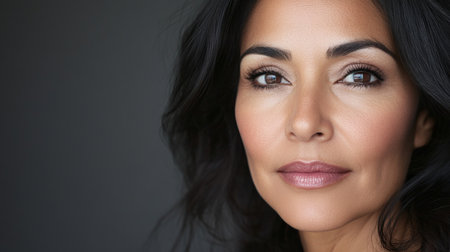 Beauty cosmetics magazine photo showing a middle-aged Hispanic woman with flawless skin and subtle pink lips, exuding confidence and grace.の素材