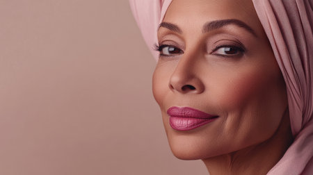 Beauty cosmetics magazine photo of a senior Arabian woman with smooth skin and elegant pink lips, captured in a graceful, timeless pose.の素材