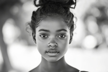 Black and white portrait of a teenage Black girl with her hair in a bun, glowing clear skin, and deep, expressive eyes, standing in natural daylight.の素材