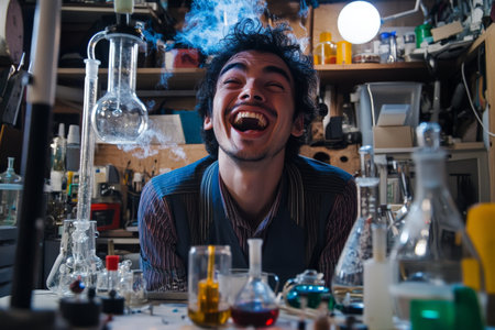 A young adult Brazilian male scientist in a cluttered, eccentric lab, with wild gadgets and bubbling liquids surrounding him, laughing at the unexpected results of his experiment.の素材