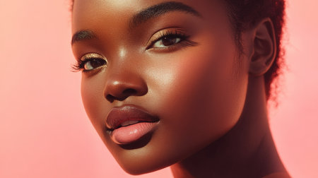 Beauty cosmetics magazine photo of a young adult Black woman with radiant, smooth skin and soft natural pink lips, captured in warm lighting.の素材