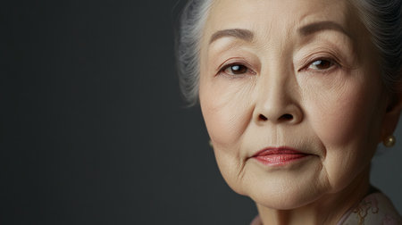 Beauty cosmetics magazine photo of a senior Japanese woman with beautifully smooth skin and soft pink lips, showing timeless beauty.の素材