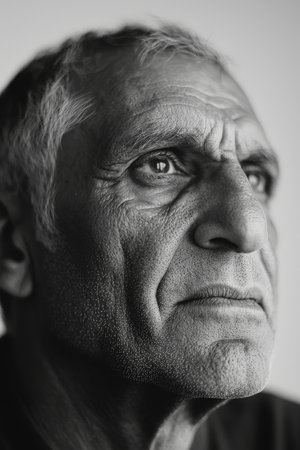Black and white portrait of a senior Arabian man with short hair, clear skin, and wise, reflective eyes, gazing into the distance in natural daylight.の素材