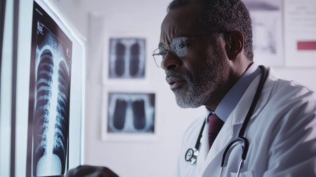 Middle-aged African American doctor focused on an X-ray on a lightbox, medical charts on the wall in the background.の素材