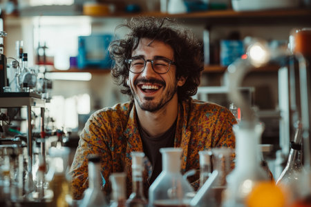 A young adult Brazilian male scientist in a cluttered, eccentric lab, with wild gadgets and bubbling liquids surrounding him, laughing at the unexpected results of his experiment.の素材