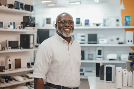 A senior Black businessman proudly standing in his electronics and gadget store, with the latest smart home devices and gadgets surrounding him. His professional and approachable demeanor highlights his business leadership.の素材