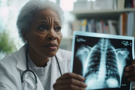 A senior Black female doctor with a thoughtful expression, reviewing a patient's X-ray on a lightbox. The well-organized medical charts behind it enhance the sense of professionalism and precision.の素材