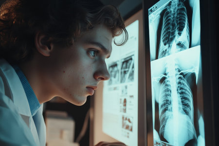 A young adult Caucasian doctor examining a patientÃ¢â¬â¢s X-ray on a lightbox, with charts and graphs displayed behind them. The serious look on the doctor's face shows the complexity of the case they are handling.の素材