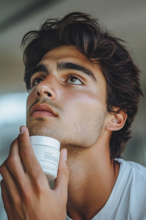A young adult Brazilian man, sweat on his brow, focused intently on the skincare cream container in his hand. The blurred background highlights the product and its fresh, clean appearance.の素材