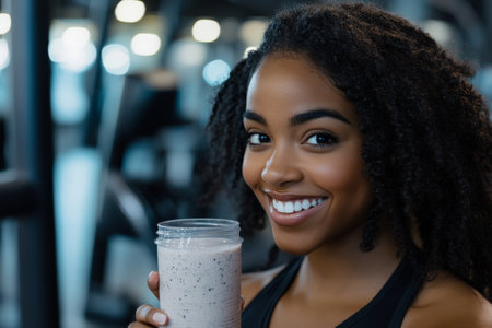 A young adult African American woman enjoying a shake with a big smile in a sleek, well-equipped gym. The background is filled with modern workout equipment, reflecting her energetic and healthy lifestyle.の素材
