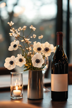 A beautiful dining table with a wine bottle and a cluster of white anemones in a sleek vase. The elegant design is enhanced by soft candlelight, creating a romantic atmosphere for an evening meal.の素材