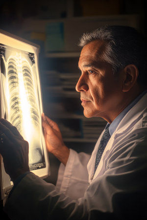 A middle-aged Hispanic doctor carefully analyzing an X-ray illuminated on the lightbox, with an organized array of medical records in the background. The doctorÃ¢â¬â¢s serious focus conveys the importance of accurate medical diagnosis.の素材
