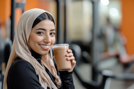 A young adult Arabian woman, dressed in modern gym attire, drinking a shake and smiling in a well-equipped gym. The clean and vibrant surroundings reflect her dedication to maintaining a healthy, active life.の素材