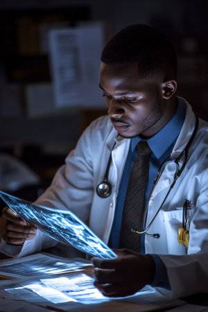 A young adult African American doctor analyzing an X-ray on a lightbox, with medical records spread out behind them. The doctorÃ¢â¬â¢s serious concentration reflects the critical importance of the diagnostic process.の素材