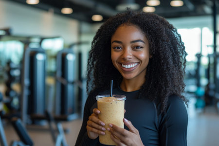 A young adult African American woman enjoying a shake with a big smile in a sleek, well-equipped gym. The background is filled with modern workout equipment, reflecting her energetic and healthy lifestyle.の素材